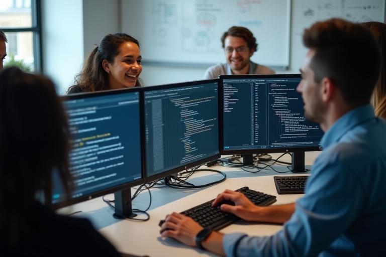 Equipo de desarrolladores programando en pantallas con código y diagramas